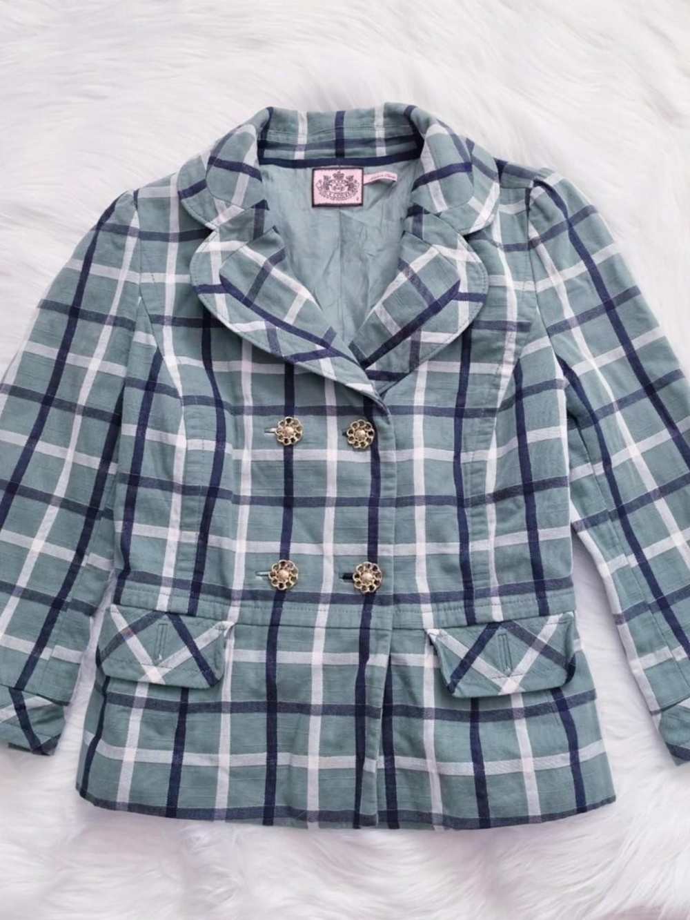 Vintage y2k Juicy Couture 3/4 sleeve green plaid blazer with gold buttons Size 2